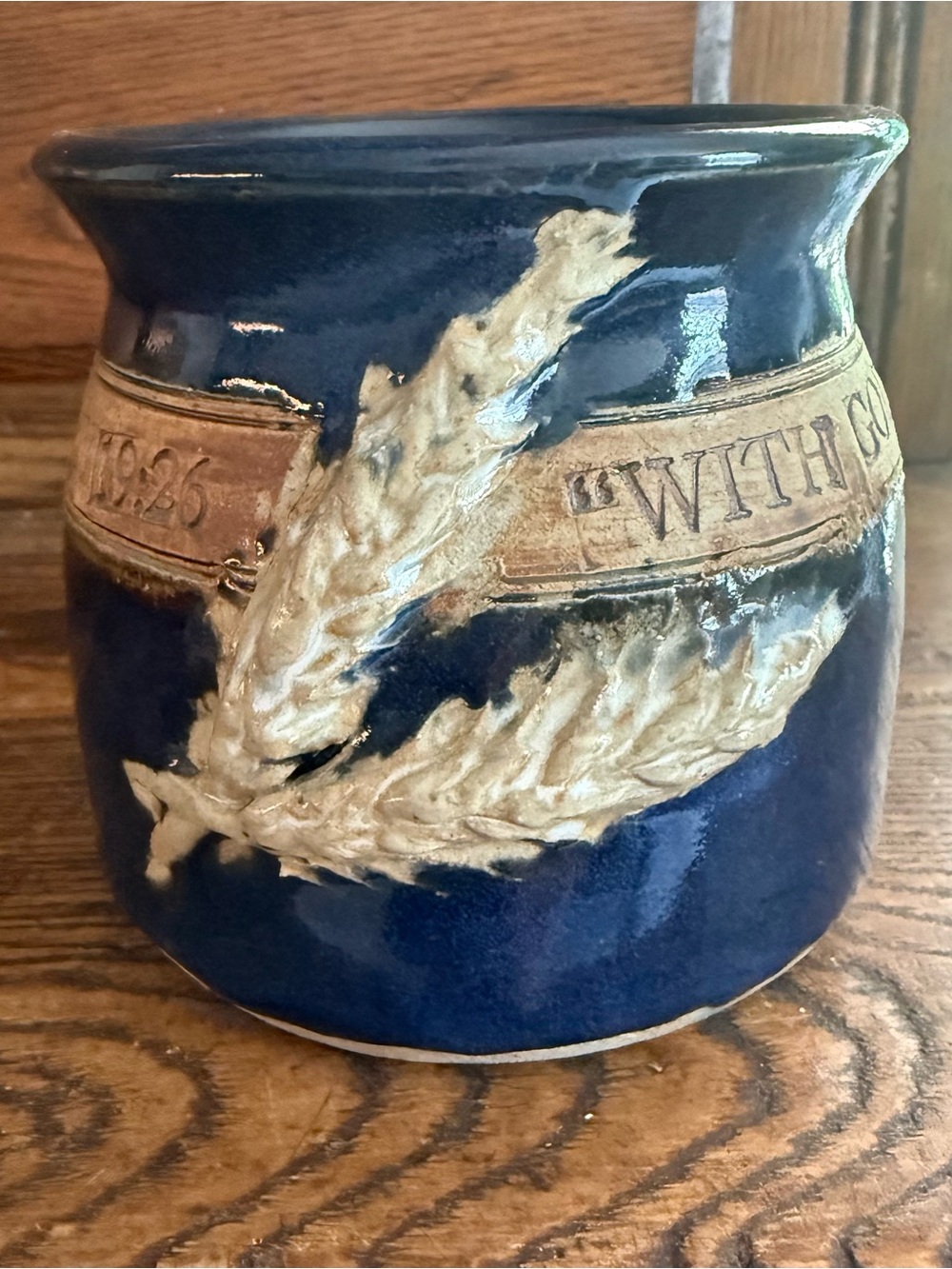 Handmade Signed Artist Pottery Utensil Holder With Scripture Religous Blue Wheat